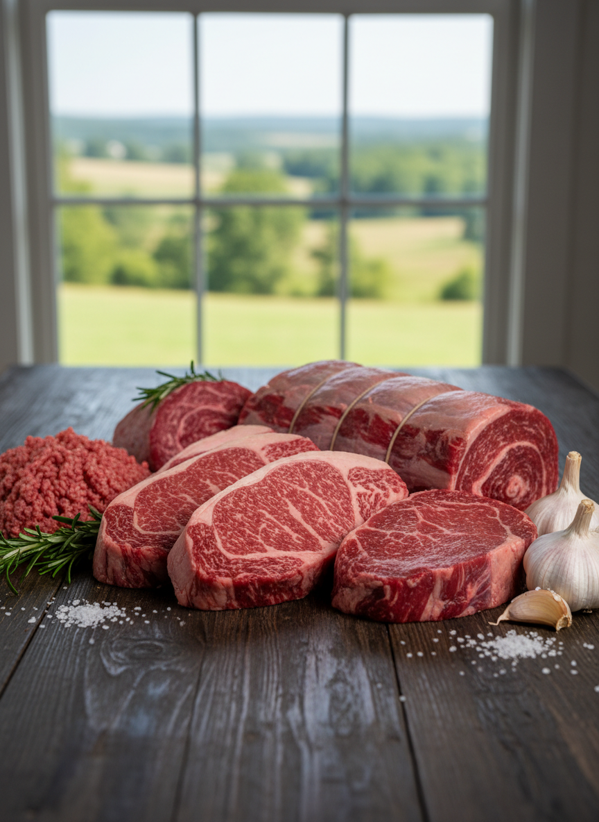 Grass-fed Dexter beef cuts on a rustic dark wood farm table with rosemary and coarse salt.