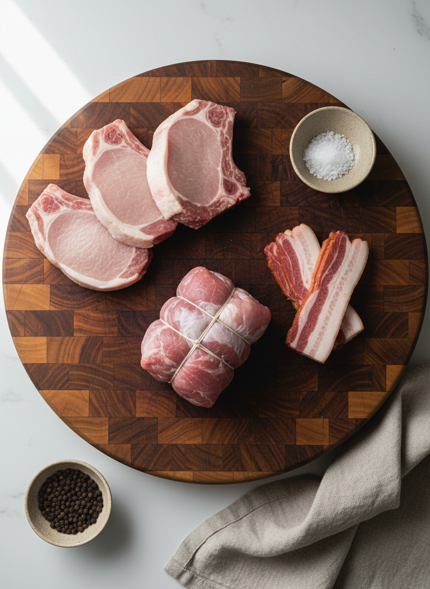 Foxtail Farm pastured pork cuts on a wooden butcher block: pork chops, a tied roast, and thick-cut bacon.