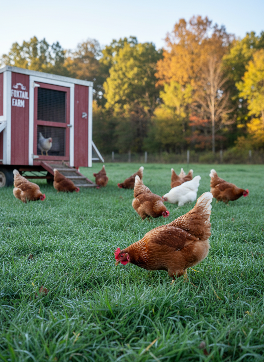 Foxtail Farm's pastured chickens foraging on vibrant green grass beside a mobile coop in Sarver, Pennsylvania.