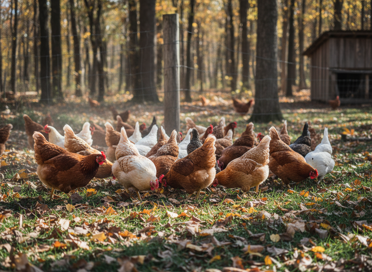 Pastured chickens foraging among fallen leaves and grass at a forest edge in dappled light