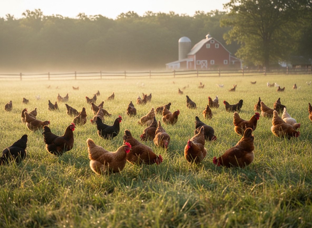 Free-range heritage chickens foraging in a golden-lit pasture at the edge of a forest at dawn