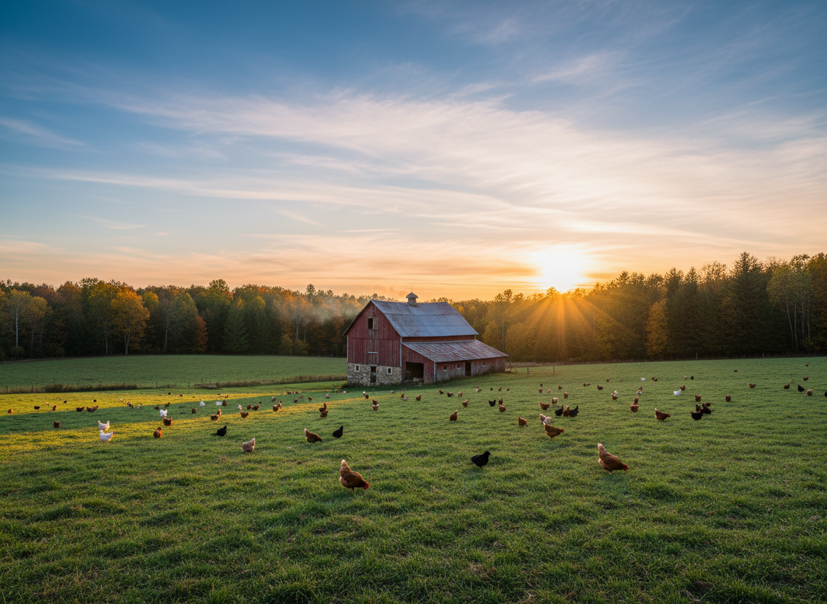 Open green pasture with chickens, a rustic barn, and forest treeline at golden hour