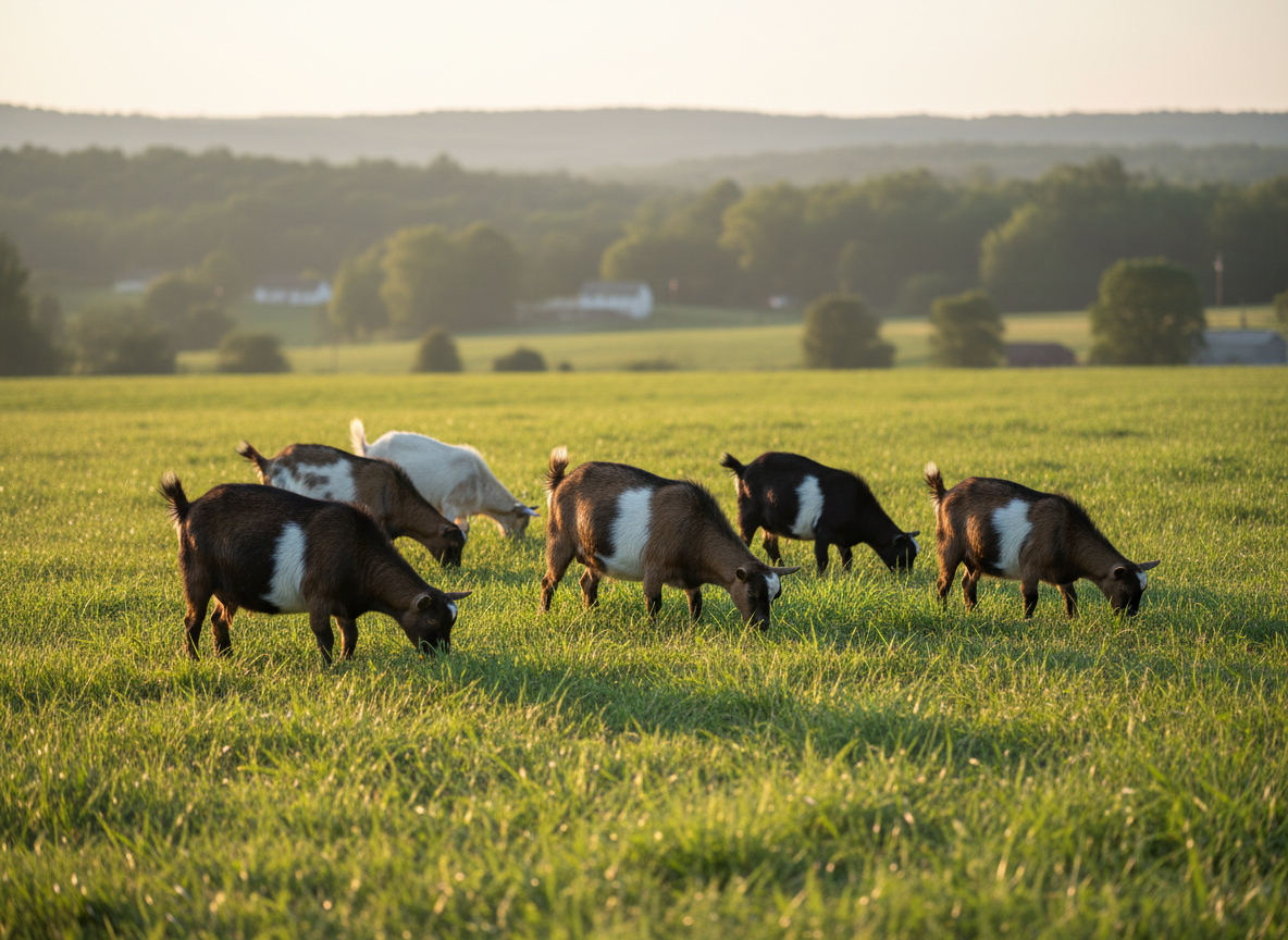 Nigerian Dwarf Goats grazing on lush green pasture at golden hour in rural Pennsylvania