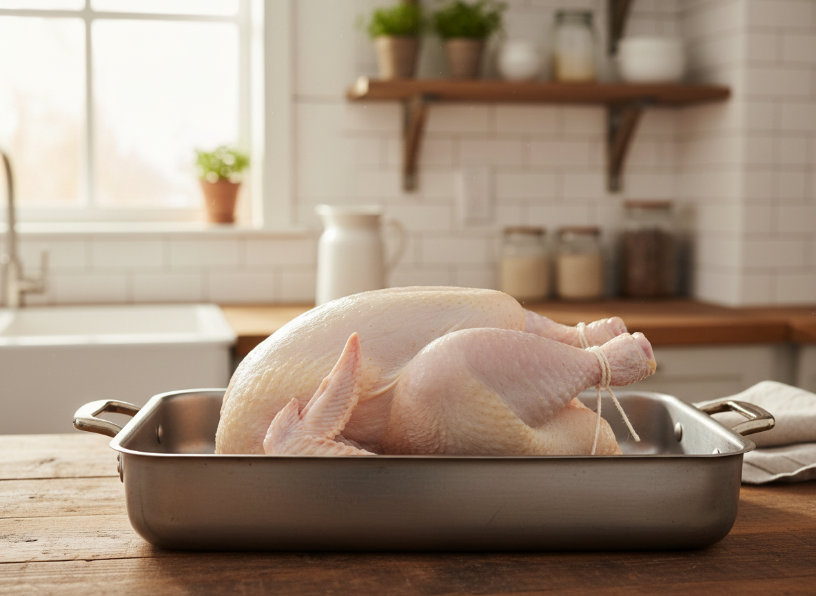 A fresh uncooked whole chicken placed in a simple roasting pan, photographed in a clean natural farmhouse kitchen setting. The chicken should look raw and uncooked, with realistic pale skin, no herbs or garnish, warm natural light, tasteful food photography, no text, no people.